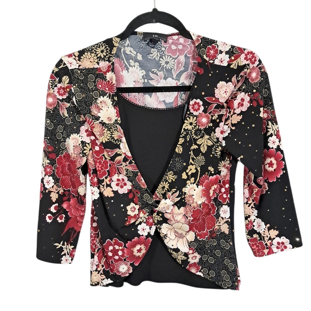 Vintage Y2K  Byer Top Medium Black‎ Floral Oriental Cropped Whimsigoth Night Out